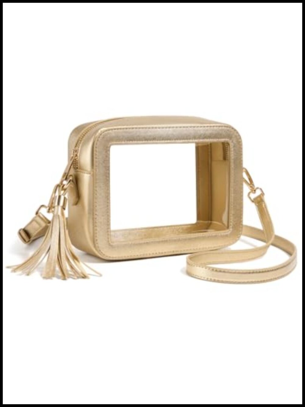 Metallic Gold Clear-Window Crossbody Bag with Tassel